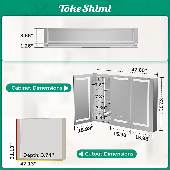 TokeShimi 48x32 Lighted Medicine Cabinet with Mirrored and Sockets, Anti-Fog Surface or Recessed Medicine Cabinet Mirror Led 3 Colors Dimmable, Frontlit Mirror with Storage Bathroom Vanity