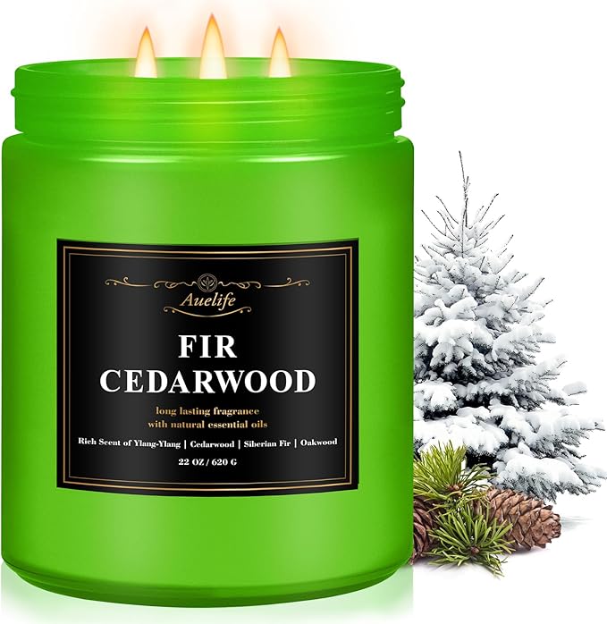 Auelife Winter Candles, Fir & Cedarwood Scented Candle – 22oz Large 3-Wick Soy Candles, Long Lasting Aromatherapy, Woodsy Christmas Candle, Holiday Gift for Women & Men