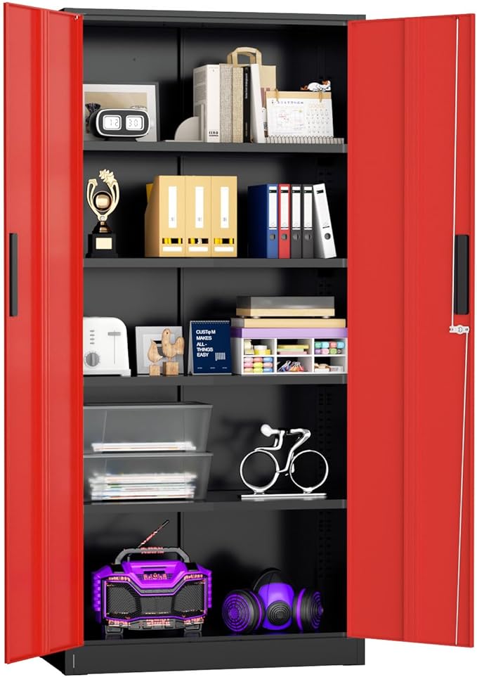 Superday Metal Storage Cabinets, 71" Storage Cabinet with Locking Door, Tall Garage Cabinet with 2 Doors and 4 Adjustable Shelves for Home Office, Classroom, Easy Assemble(Black Red)