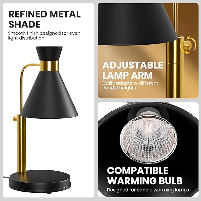 Candle Warmer Lamp with Timer & Dimmer, Adjustable Height and Brightness. Black & Gold Modern Wax Warmer for a Flameless, Cozy Home, an Elegant Birthday or Housewarming Gift for Women, Moms, and Men