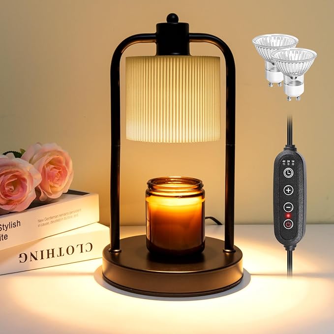 Lococo Candle Warmer Lamp with Timer Dimmable: Electric Wax Melts Warming Light for Yankee Candles Birthday Christmas Gift, Room, New House, Bedroom, Vintage Home Decor (Black + Striped Cotton Linen)