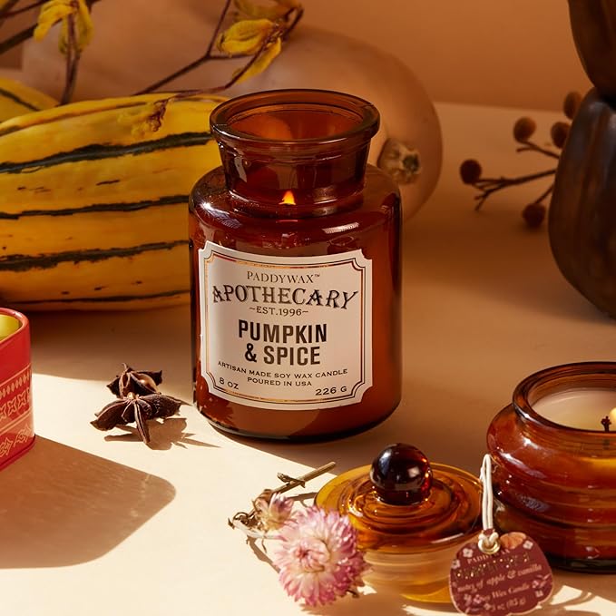 Paddywax Artisan Apothecary Scented Candle with Lid in Reusable Glass Jar, Clean-Burn Soy Candle with Approx. 54 Hour Burn Time, Pumpkin & Spice, 8 oz.