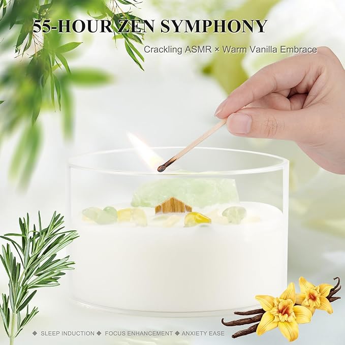 Premium Vanilla Scented Soy Candles with Wood Wick & Healing Crystals Inside, 55-Hour Non-Toxic Aromatherapy Home Scented Candle Gifts for Women, Mom, Birthday, Meditation, Spa (7oz)