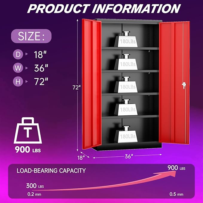 Superday Metal Storage Cabinets, 72" Storage Cabinet with Locking Door, Tall Garage Cabinet with 2 Doors and 4 Adjustable Shelves for Home Office, Classroom, Easy Assemble(Black Red)