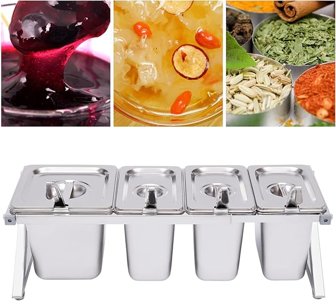 Expandable Spice Rack, Countertop Condiment Stand Holder with Pans and Lids,Stainless Steel Organizer Shelf for Seasonings Sauces Side Dishes Fruits Kitchen Pantry (3*1/9 Pans + 1*1/6 Pan)