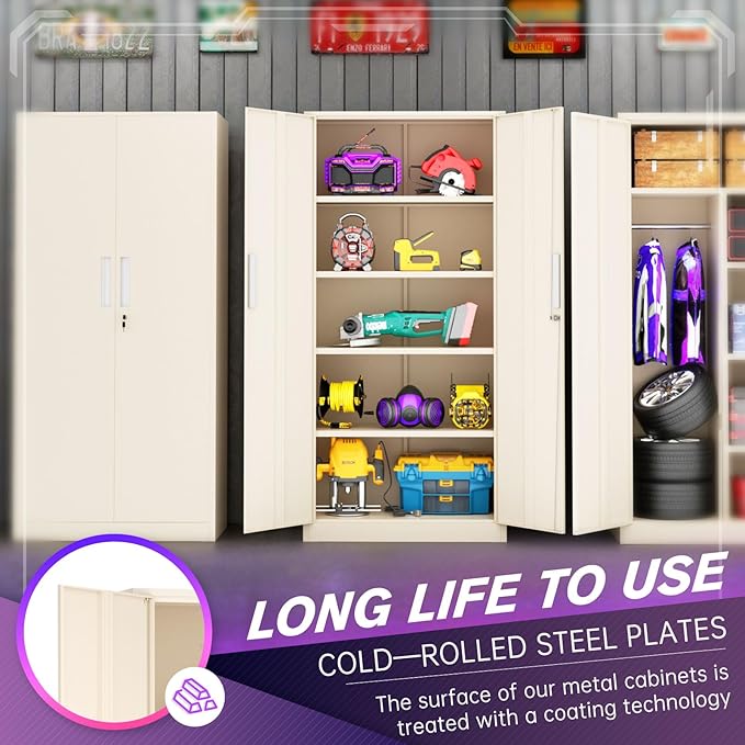 Superday Metal Storage Cabinets, 71" Storage Cabinet with Locking Door, Tall Garage Cabinet with 2 Doors and 4 Adjustable Shelves for Home Office, Classroom, Easy Assemble((Putty)