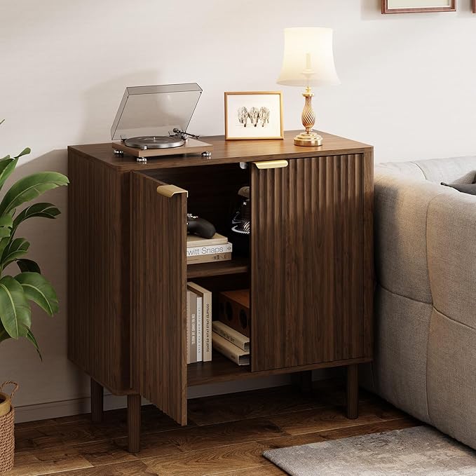 IKALIFE Sideboard Buffet Cabinet with Storage, Modern Fluted Accent Credenza with Doors & Adjustable Shelves, Wood Coffee Bar Console Table for Living Room, Dining Room, Kitchen, Entryway 31.5"Walnut