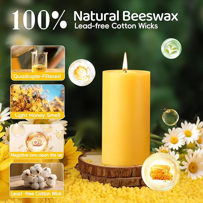Beeswax Pillar Candles Set of 3,100% Pure Beeswax Candles, 87 Hour Burn Time Bees Wax Candles for Home, Prayer, Unscented, Dripless and Smokeless Organic Pillar Candles,2x2in,2x3in,1.89x4in
