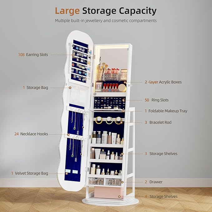 Lvifur 360° Swivel Jewelry Cabinet with Lights,LED Jewelry Organizer with Full Length Mirror, Lockable Wavy Mirror Jewelry Cabinet Standing with Rear Storage Shelves,Makeup Tray,White