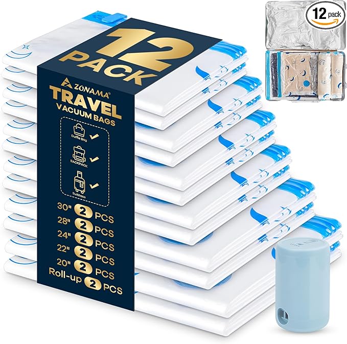 Vacuum Storage Bags with Electric Pump, 12 Pack Vacuum Sealed Bag with 1500mAh Rechargeable Battery for Clothes, Blanket, Duvets, Pillows, Comforters, Travel