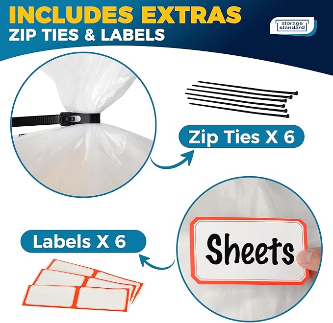 Storage Standard Large Clear Plastic Bags for Storage 6-Pack - Waterproof Extra Large Plastic Bags with Zip Ties, Heavy-Duty Cover for Clothes, Blankets, Linens & Bedding Organization - 32 x 42 Inches