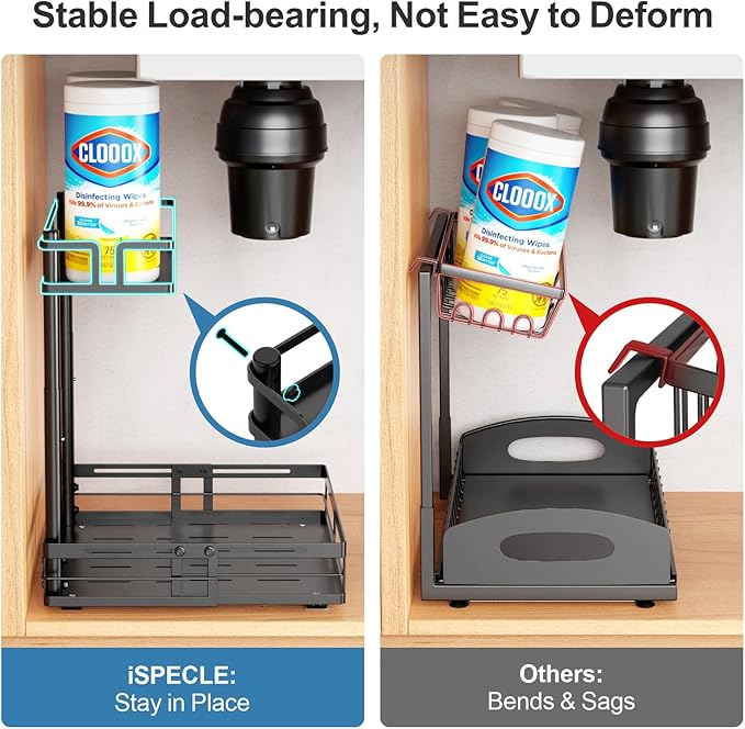 iSPECLE Under Kitchen Sink Organizer, 2 Pack L-Shaped Height Adjustable Pull-Out Cabinet Organizer for Center-Mounted Garbage Disposal & Plumbing, Heavy-Duty Sliding for 30-36 Inch Wide Sink Cabinets