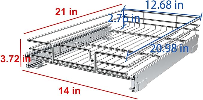 Pull Out Cabinet Organizer, Heavy-Duty Metal Sliding Drawer Shelf for Kitchen Cabinets, Chrome, Doesn't Include Door Fittings (14 * 21 IN)