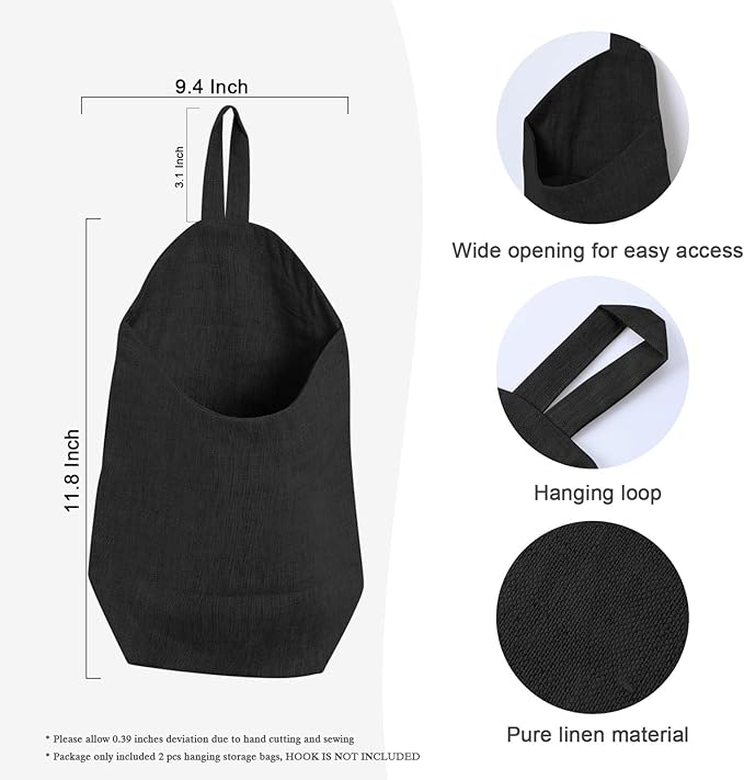 100% Linen Hanging Storage Bags Baskets 2 Pcs, Small Wall Storage Bag for Kitchen, Bedroom, RV Camper Organizer, Sewing Room, Nursery Storage, Kids Room (Black)