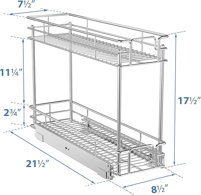 ROOMTEC Pull Out Cabinet Organizer for Narrow Cabinet (8.5" W X 21.5" D), Kitchen Cabinet Organizer and Storage 2-Tier Cabinet Pull Out Shelves Under Cabinet Storage for Kitchen, Chrome