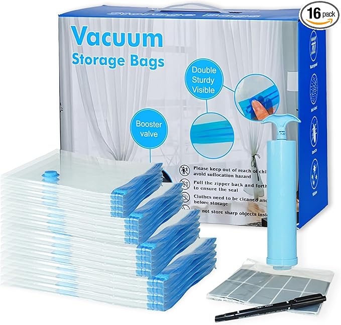 Vacuum Compression Storage Bags Set with Manual Pump Labels and Pen Travel Vacuum Bags for Luggage Space Saver Vacuum Storage Bags 16 Pack Includes Small Medium Large Jumbo Sizes
