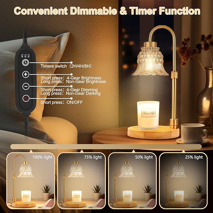 Candle Warmer Lamp with Timer & 3 Bulbs, Dimmable Electric CandleLight Adjustable Height and Brightness Candle Wax Warmer for Jar Candles Bedroom Home Decor House Warming Gift for Women (Amber)