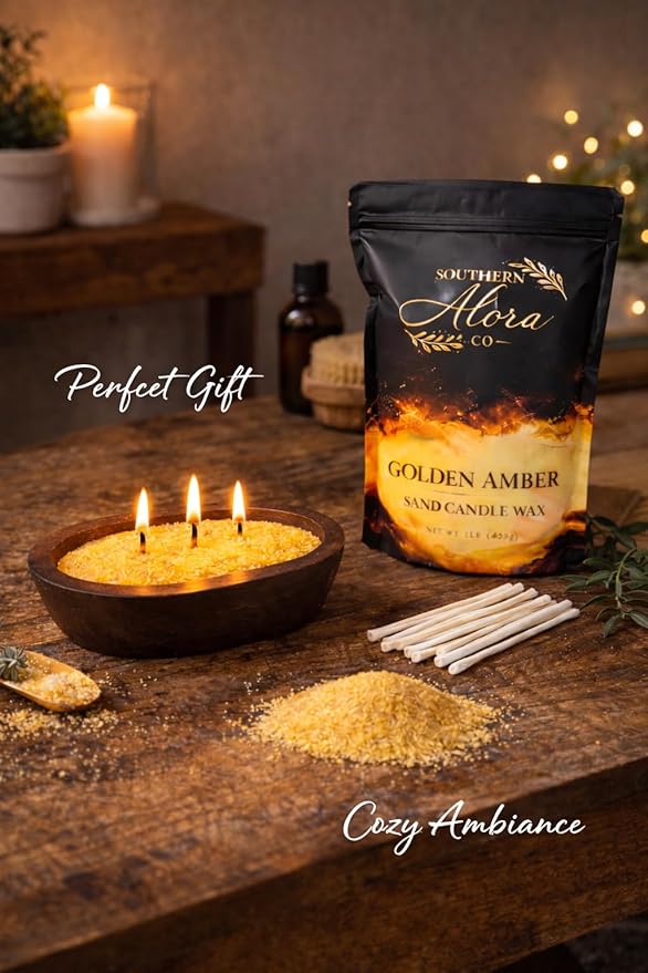 Candle Sand with 10 Wicks – 1 LB Refillable Sand Candle Wax for DIY Candles, Wedding Centerpieces, Home Decor – Golden Amber
