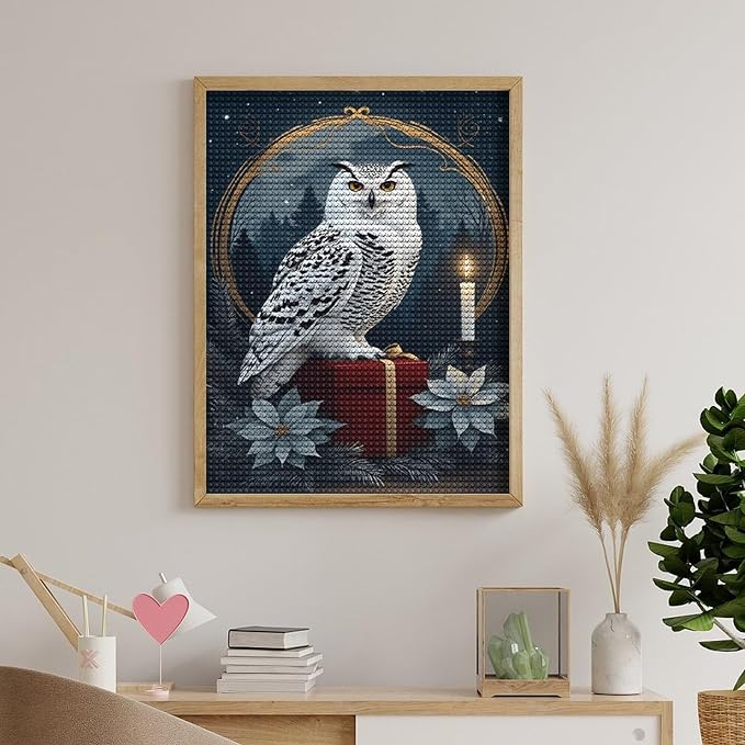KIVJMSIDJA Diamond Art Kits for Adults Snowy Owl & Candle Glow - Winter Night Scene DIY Round Diamond Art for Home Wall Decor & Crafts Gifts 12"x16"