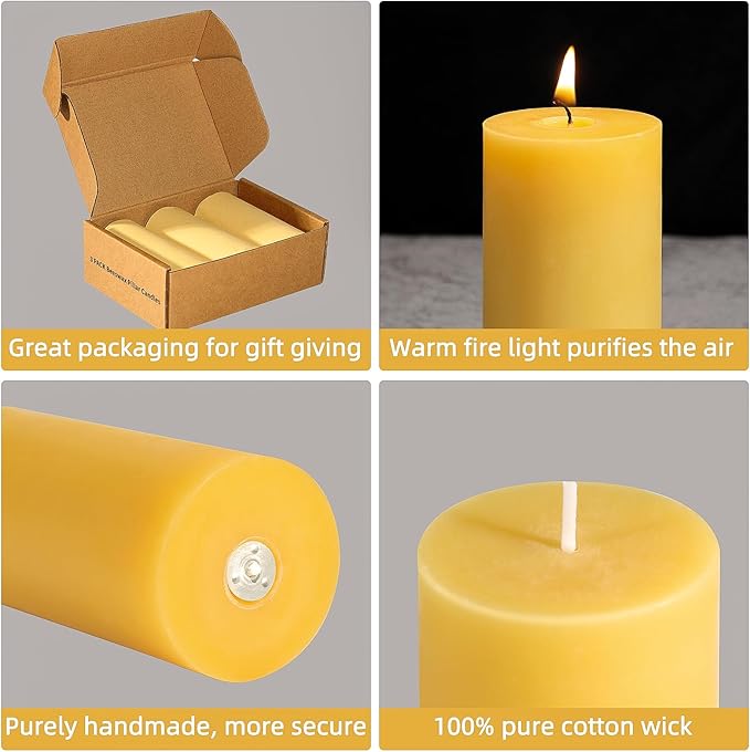 3 Packs Beeswax Pillar Candles, 100% Pure Beeswax Candles with 35 Hours Burn Time, Smokeless & Dripless Bees Wax Candles for Home Decor, Prayer, Christmas Party(2x4 inch)