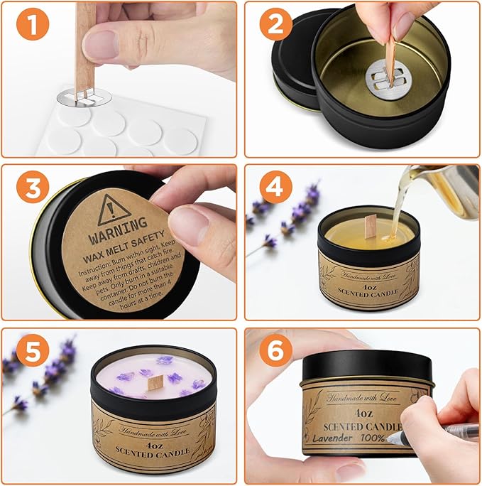 Candle Tins 4oz, 24 Set Candle Making Kit with Bulk Candle Containers, Wood Wicks, Sticker, Wick Holders,Warning Labels for Small Businesses,Candle Jars with Lids for DIY Candle Making