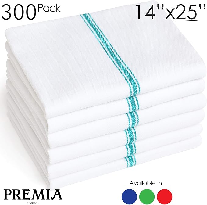 Bulk Economy Wholesale Kitchen Dish Towels (300 Towels) - 100% Cotton Herringbone - Commercial Grade - Bleach Resistant - Restaurant Bar Mops - 24 oz/dz - White with Green Stripes