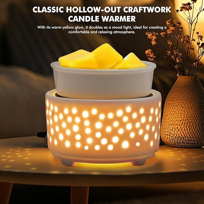 EQUSUPRO Ceramic Wax Melts Warmer–Electric Candle Wax Warmer for Scented Wax PTC Heating 4-in-1 Night Light Electric Wax Burner Fragrance Wax Melter for Home Office Decor & Gift (Hollow-Out)