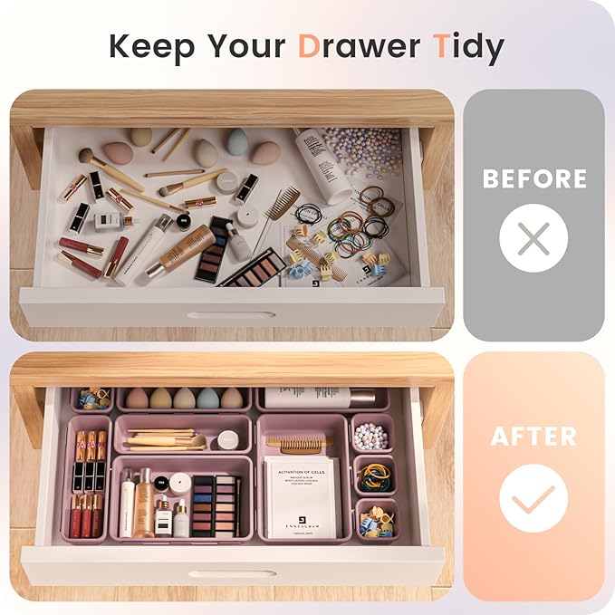 【𝟮𝟴𝗣𝗖𝗦】 【𝟱𝗦𝗶𝘇𝗲】 Purple Drawer Organizer, Makeup organizer, 【Holds 177 Items】 Bathroom Organizers and Storage, Plastic Desk Organizer Divider, Organizer Bins for Office Vanity A-LUGEI