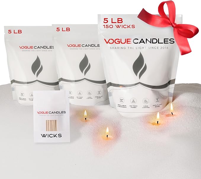 Vogue Candles White Pearled Candle Sand Wax (5 LB) – Mother’s Day Candle with 150 Cotton Wicks for DIY Home Lighting – Plant-Based & Reusable Wax Granules Refill for Custom Vessels (3 Pack)