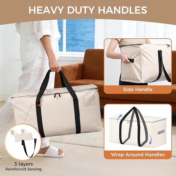 BAGAIL Heavy Duty Moving Bags with Strong Handle, Extra Large Moving Boxes, Storage Tote for Clothes, College Moving Supplies(Beige, 4 Pack)
