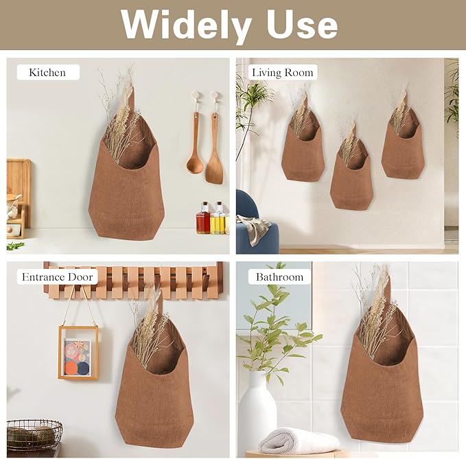 100% Linen Hanging Storage Bags Baskets 2 Pcs, Small Wall Storage Bag for Kitchen, Bedroom, RV Camper Organizer, Sewing Room, Nursery Storage, Kids Room (Brown)