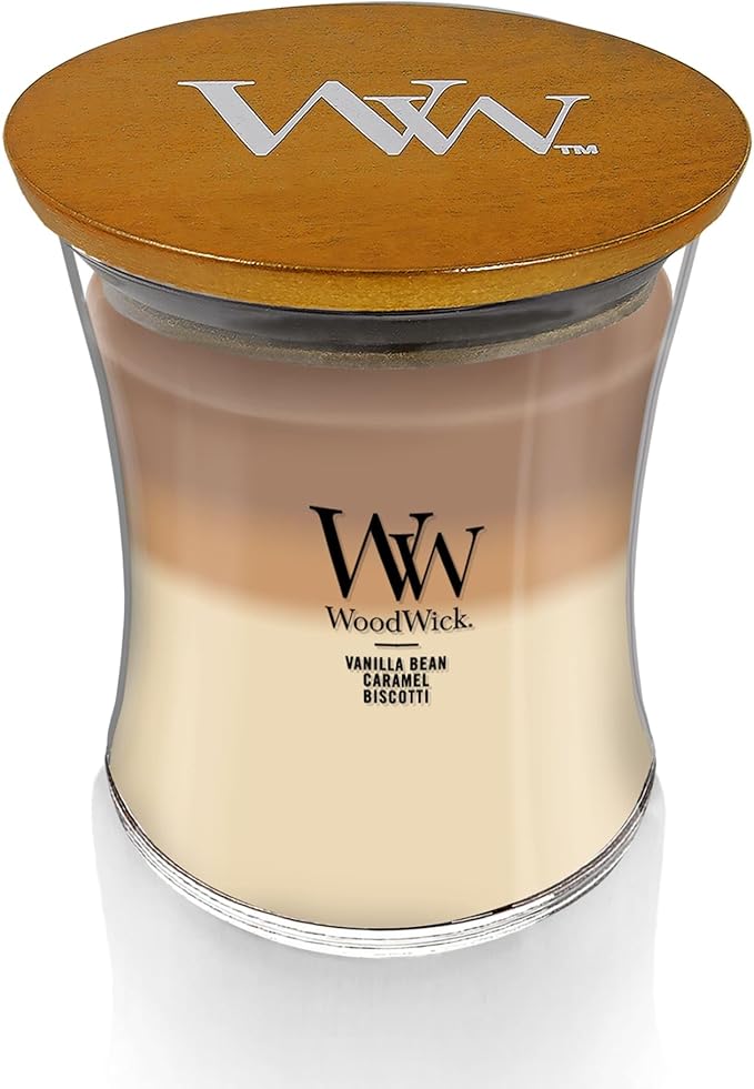 WoodWick Café Sweets Trilogy Holiday Candle Gifts for Women and Men, 9.7 oz Medium Hourglass Trilogy Candle with Crackling Wick