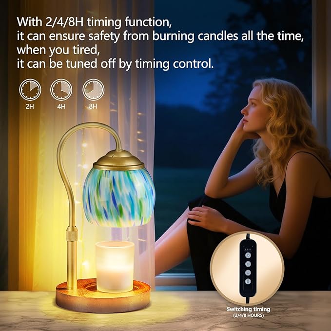 Blue Opal art glass Candle Warmer Lamp with Wood Base - Height Adjustable, 2/4/8H Timer, 4-Level Dimmer - Includes 2 GU10 Bulbs - Winter Home Decor & Gifts for Women, Fits Candles up to 5"