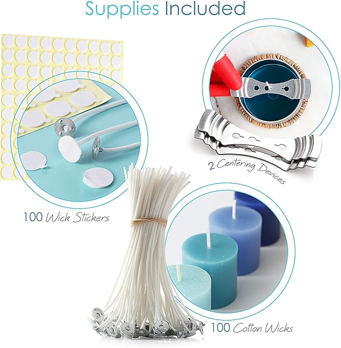 Hearth & Harbor Natural Soy Wax and DIY Candle Making Supplies - 10 Lbs. Soy Candle Wax Flakes, Candle Tin Cans with Lid 48 Pack - 4 oz., 100 Cotton Wicks, and 2 Metal Centering Device