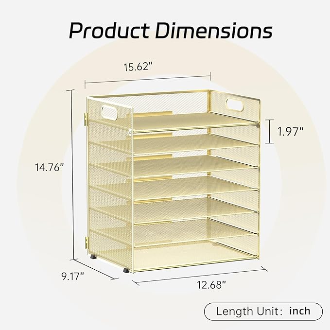 7 Tier Paper Organizer - Mesh Desktop File Holder with Handles for Office School Desk (Gold)