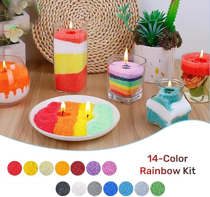Monivi 14-Color Pearled Candle Sand Set 1.55lb/24.7oz, Unscented Sand Wax Beads with 50pcs Wicks & Candle Trays for Candle Making Beginners, Relaxing Home Décor, Gift for DIY Lovers (14-Color Set)