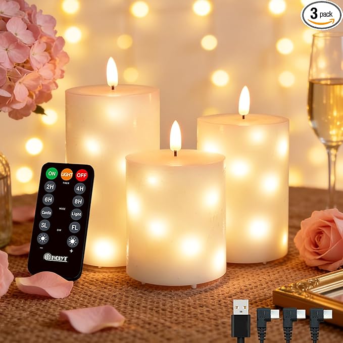 Rechargeable Glass LED Flameless Candles, Embedded Star String Flickering Flameless Candles for Romantic Ambiance and Home Decoration with Remote & Timer(White)