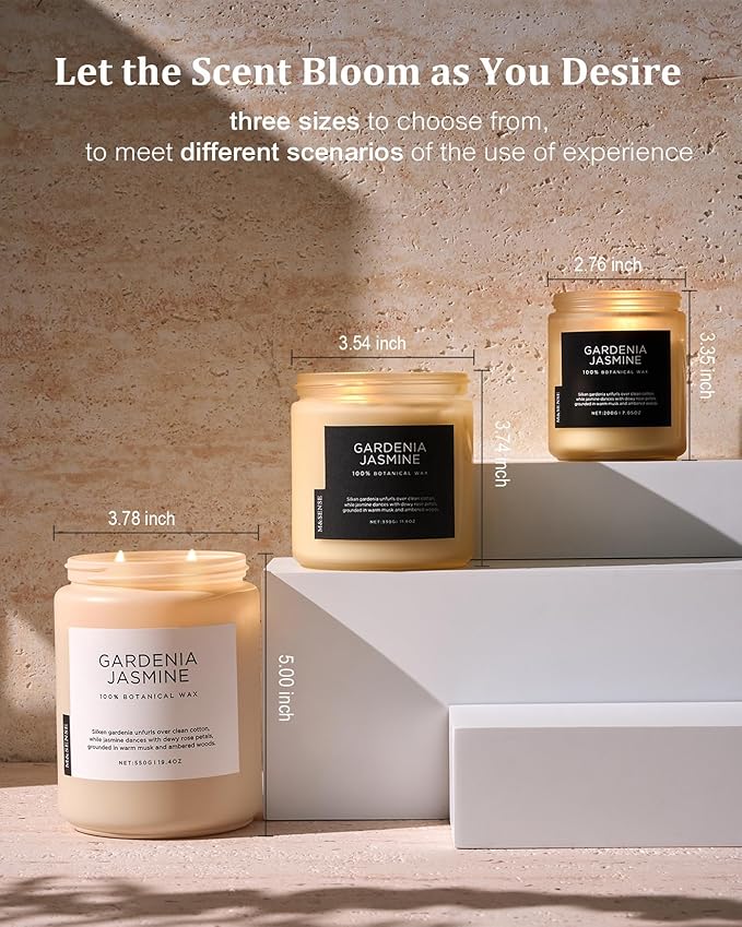 M&SENSE Gardenia Jasmine Scented Candle, 110 Hours Slow Burning Clean Non Toxic 19.4oz 2 Wicks Aromatherapy Candle for Housewarming Gifts, Long Lasting Fragrance for Bath & Office