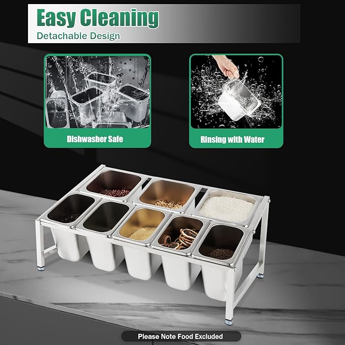 Expandable Spice Rack, Countertop Condiment Stand Holder with Pans and Lids,Stainless Steel Organizer Shelf for Seasonings Sauces Side Dishes Fruits Kitchen Pantry (5*1/9 Pans + 3*1/6 Pans)