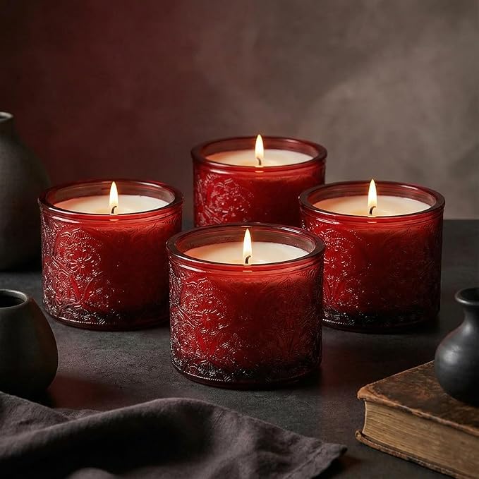 10 oz Embossed Glass Candle Container with Bamboo Lids and Labels, Red Candle Jars for Making Candles,Mandala Design - Pack of 9