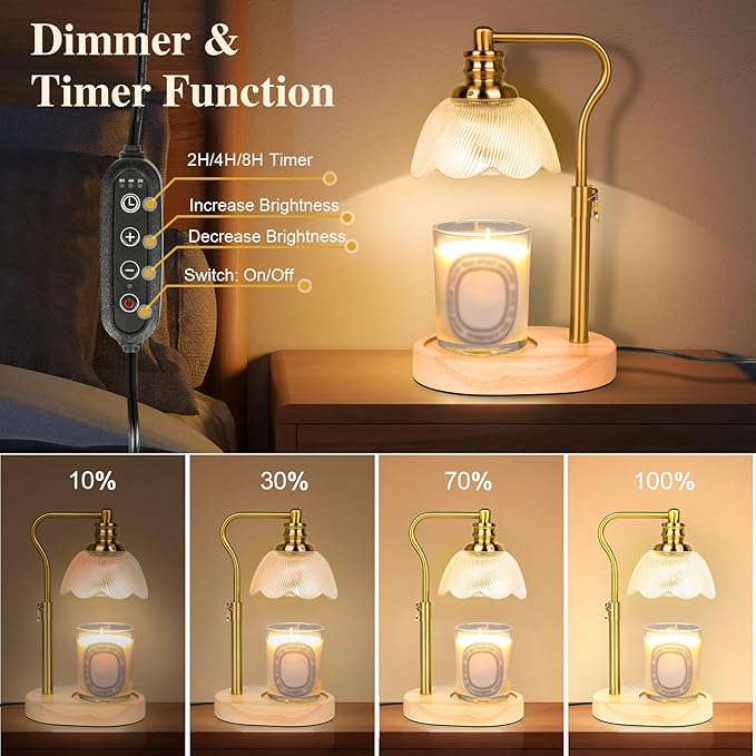 Electric Candle Warmer Lamp with Timer and Dimmer,Height Adjustable and Auto Shup-Off Light Lamps with 2 Bulbs,Fits Wax Melts Scented Warmers Jar Candles,Flameless Home Decor and Gifts