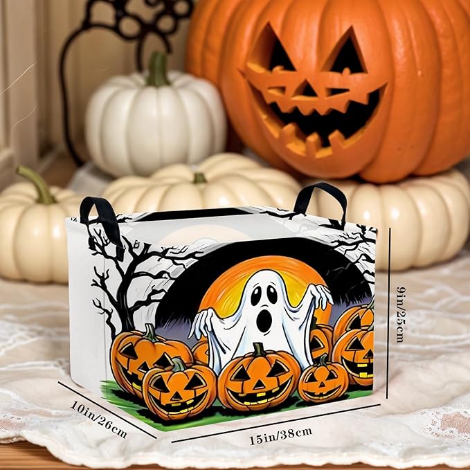 Large Halloween Basket Gift Cute Ghost Pumpkin Parties Decor Kid Trick or Treat Basket for Boys and Girls Rectangular Storage Bin Box (Great Ghost)
