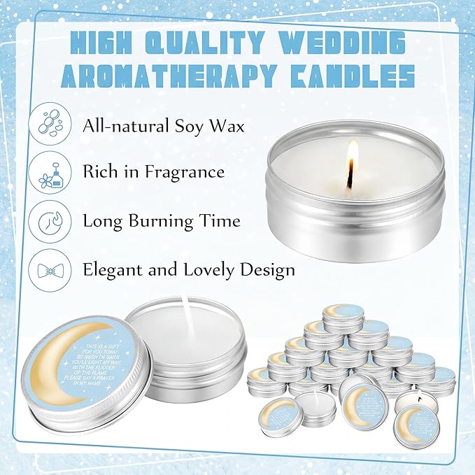 MTLEE 50 Pcs Over The Moon Baby Shower Candles 1 Oz Moon and Star Baby Shower Favors Gift Travel Tin Candle Aromatherapy Favors (Light Blue)