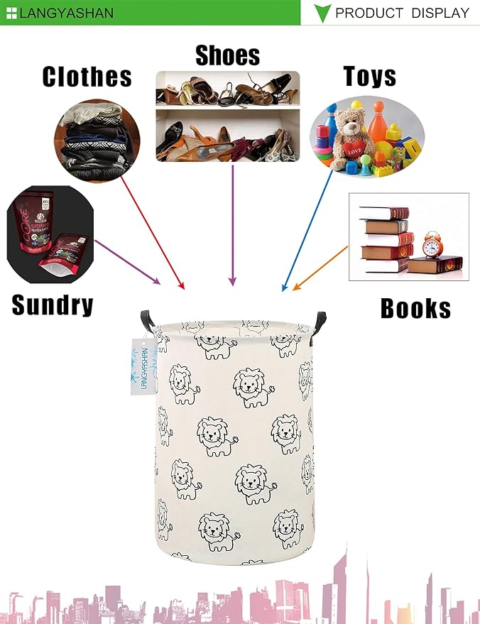 LANGYASHAN Laundry Basket Canvas Fabric Collapsible Organizer Basket for Storage Bin Toy Bins Gift Baskets Bedroom Clothes Children Nursery Hamper (Lion)