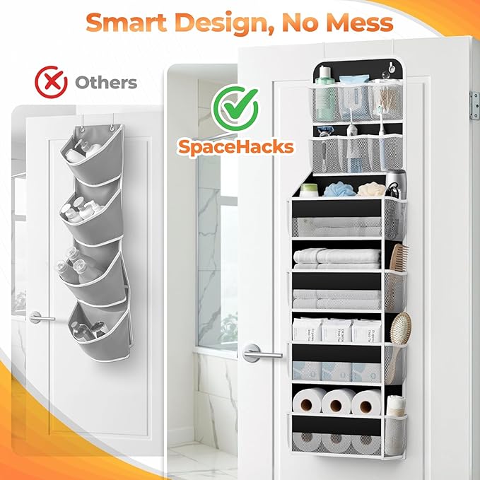 SpaceHacks 6-Tier Over the Door Organizer with Mesh Pockets, Baby Nursery Storage for Closet, Bathroom and Bedroom, Adjustable Hanging Closet Organizer for Cosmetics, Books and Essentials（Black）