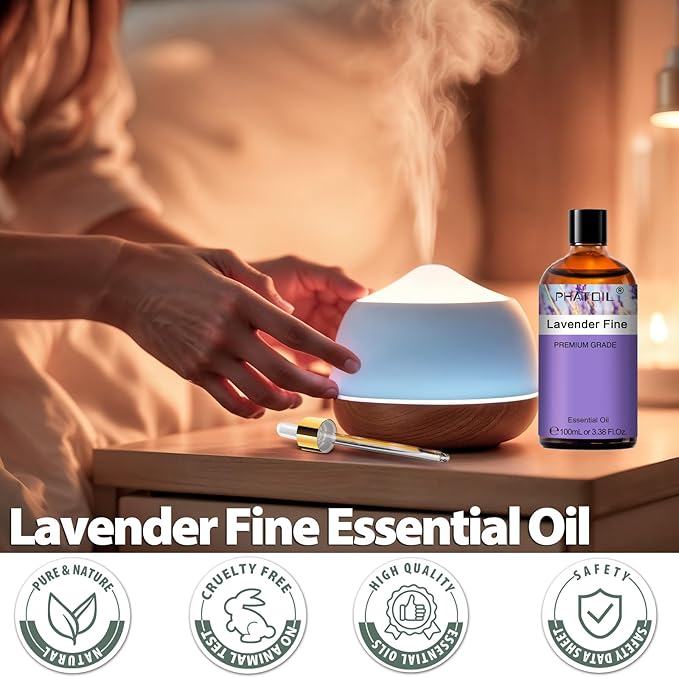 PHATOIL Lavender fine Essential Oil, Pure Premium Natural Oil for Hair Care, Body Skin Care, Aromatherapy, DIY Candle, Soap Making 3.38Fl Oz
