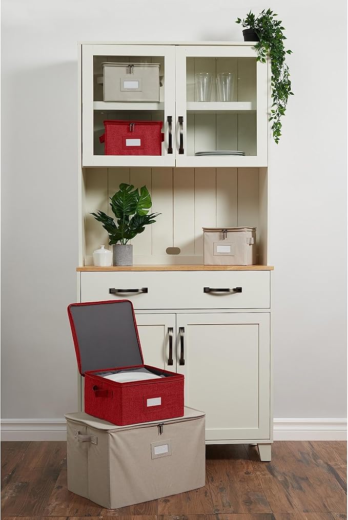 Covermates Dish Storage Box – China & Dinner Plate Storage Container with Dual Zippers, Reinforced Handles, ID Window & Stackable Structured Walls for Dishware Organization, Red Heather