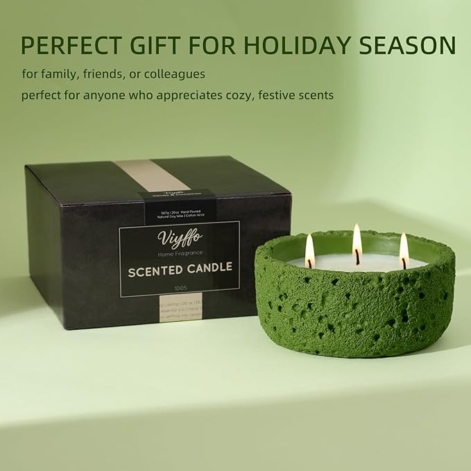 Viyffo 20oz Large Scented Candle – Woodland Breeze, 3 Wick Non Toxic Soy Candles for Women and Men, Elegant Matte Green Ceramic Jar, Luxury Home Fragrance, Elegant Outdoor Décor & Spring Gift