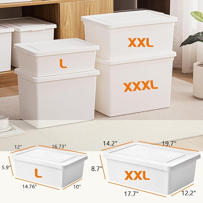 6 Pack Stackable Plastic Storage Bins with Lids,4 Extra Large 6Gallon+2 Large 3Gallon White Storage Containers with Handles,Heavy Duty Organizer Boxes for Home,Office,Garage,Snacks,Crafts,Legos,Tools
