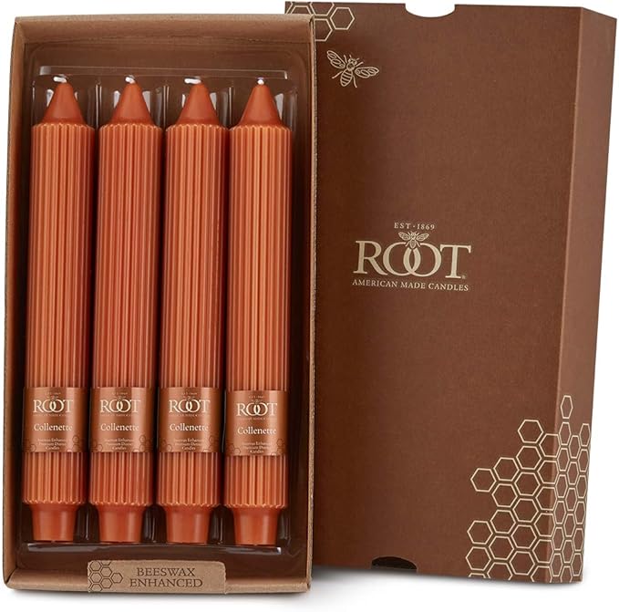 Root Candles 4-Count Unscented Dinner Candles Dripless Beeswax Enhanced Grecian Collenette Boxed Candle Set, 9-Inch, Rust
